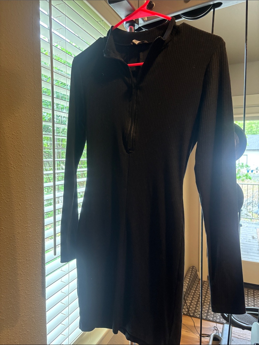 Black Long Sleeve Ribbed Knit Dress with Half-Zip